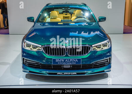 Francfort, Allemagne - Sept 2019 : vert émeraude BMW ALPINA B5 BI-TURBO TOURING F310G31, IAA International Motor Show Salon International de l'auto. Banque D'Images