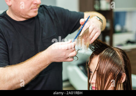 Coiffeur professionnel détient femme cheveux mouillés entre les doigts en instituts de beauté, coiffure, coiffure Femme Banque D'Images