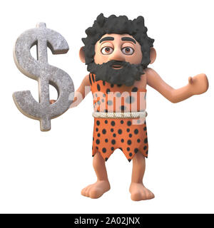 Dessin animé 3d caveman préhistorique tenant un caractère rock US Dollar symbole monétaire, illustration 3D render Banque D'Images