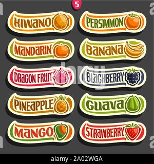 Vector Set d'étiquettes de fruits et de baies colorées : collection de fruits exsotic avec logo lettrage, isolé sur le noir. Illustration de Vecteur