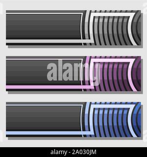 Vector set de modèles de page : 3 futuriste métallique courbe avec les en-têtes des éléments sur fond gris, trois bannières horizontales de conception géométrique f Illustration de Vecteur