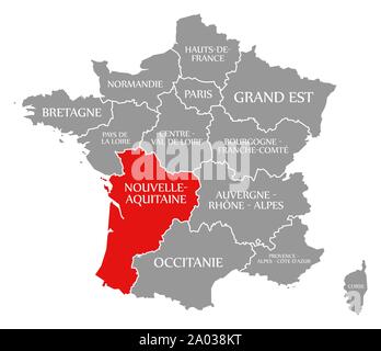 Nouvelle-Aquitaine en surbrillance rouge dans la carte de France Banque D'Images