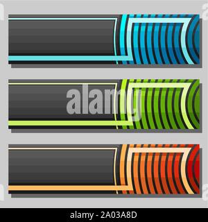 Vector set de modèles de page : 3 futuriste coloré avec les en-têtes des éléments de courbe sur fond gris, trois bannières horizontales de conception géométrique f Illustration de Vecteur