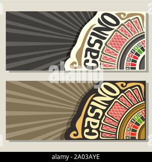 Vector gamble Casino : 2 bannières pour les modèles invitation avec roulette de jeu, red back de carte à jouer, un modèle circulaire avec rayons gris Illustration de Vecteur