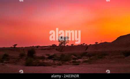 Belle vue sur le coucher de soleil près de Riyad en zone désertique de l'Arabie Saoudite. Banque D'Images