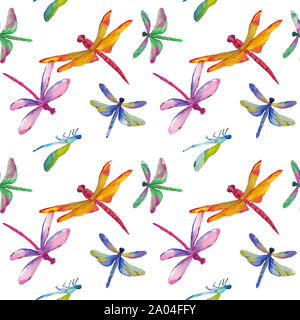 Aquarelle de couleur différente à la main en modèle transparent dragonflys sur fond blanc. Design pour le textile, papier peint, d'artifices et d'emballage. Banque D'Images