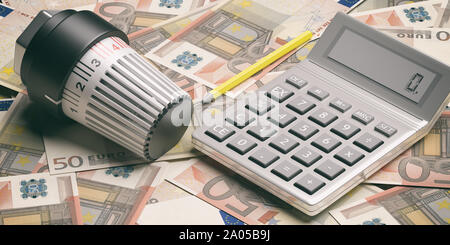 L'énergie et des économies. Thermostat de radiateur de chauffage, réglage de la température sur les billets en euros. 3d illustration Banque D'Images