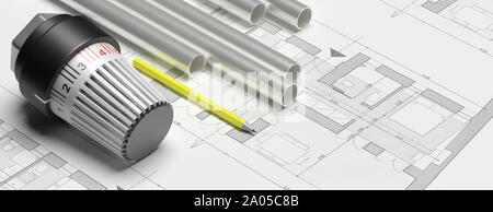 Thermostat de réglage de température du radiateur, sur le plan historique. La construction d'installation de chauffage. 3d illustration Banque D'Images