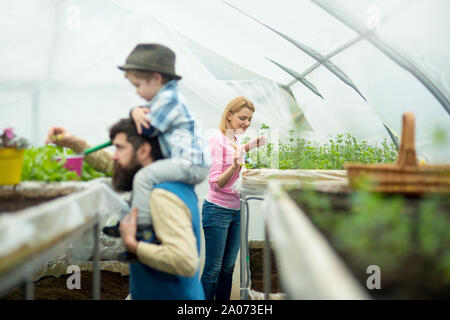 Jolie blonde dame en rose cardigan planter des fleurs avec peu de jardinage chat. Homme barbu vue côté holding kid in hat sur ses épaules en floue Banque D'Images