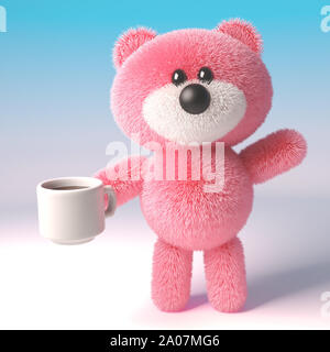 Ours en peluche rose 3d personnage avec fourrure pelucheuse de boire une tasse de café, illustration 3D render Banque D'Images