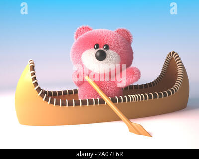 Rose 3d peluche ours moelleux dans un kayak canoe, illustration 3D render Banque D'Images