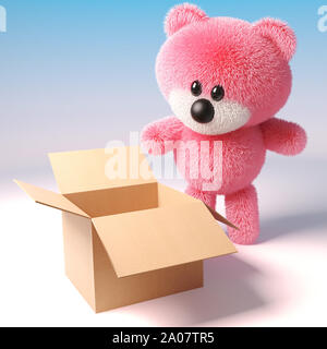 Rose 3d avec des ours en peluche à la fourrure dans une boîte de carton vide, illustration 3D render Banque D'Images