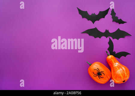 Fond d'Halloween avec des citrouilles, araignées et chauves-souris papier noir sur fond violet, vol . Copier l'espace. Décoration Halloween et le concept. Banque D'Images