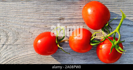 Les tomates rouges sur la surface en bois. Mise à plat,vue d'en haut. Grande photo. Banque D'Images