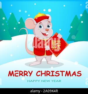 Joyeux Nouvel An chinois. Funny cartoon rat est titulaire d'un placard avec les salutations. Vector illustration avec la forêt d'hiver sur l'arrière-plan. Traduit comme lettrage Illustration de Vecteur