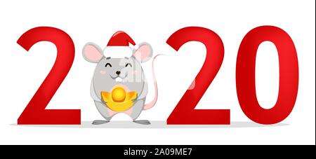 Bonne année carte de vœux 2020 nombre et drôle personnage rat sur lieu de zéro. Vector illustration sur fond blanc Illustration de Vecteur