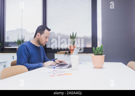 Bearded Man working on laptop in office Banque D'Images