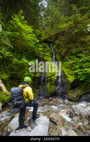 Randonneur humide portant sac à dos regarde petite cascade. Banque D'Images