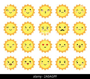 Les icônes de soleil. Beaux éléments de conception. .Emoji Ensemble d'emoji en forme de soleil avec différentes humeurs. Kawaii cute anime japonais et des émoticônes soleil visages emoji Illustration de Vecteur