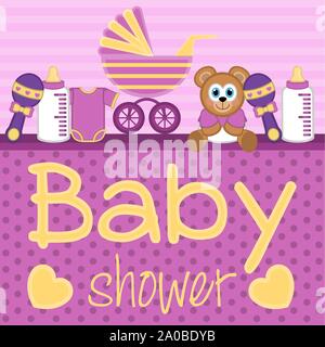 Carte de douche de bébé. Maillot bébé, chariot, bouteille de lait et toys - Vector Illustration de Vecteur