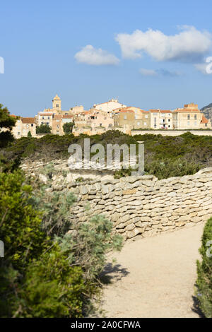 Vue imprenable sur le vieux village de Bonifacio construit sur une falaise de calcaire. Bonifacio est une commune française, située à l'extrémité sud de l'île de Corse, France. Banque D'Images