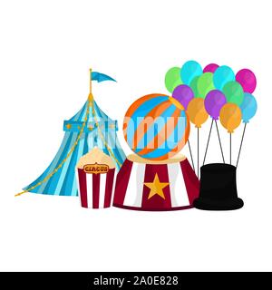 Tente de cirque avec le magicien hat, des ballons et un pop-corn snack - Vector Illustration de Vecteur