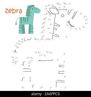 Livre de coloriage et points à relier jeu pour les enfants. Jeu de nombres illustration zebra. Banque D'Images