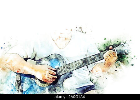 Résumé Belle Guitare Jouant Dans Le Premier Plan Sur Fond De Peinture  Aquarelle Et Palette Numérique Illustration Pour Les Décors Banque D'Images  et Photos Libres De Droits. Image 93604381