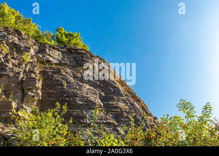 Le bord d'une falaise rocheuse vue de dessous, avec des treetops au fond et d'autres feuilles vertes sur le dessus. Banque D'Images