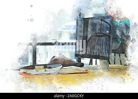 Abstract colorful table de travail à l'aquarelle peinture illustration bureau arrière-plan. Banque D'Images
