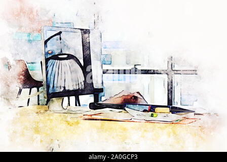 Abstract colorful table de travail à l'aquarelle peinture illustration bureau arrière-plan. Banque D'Images