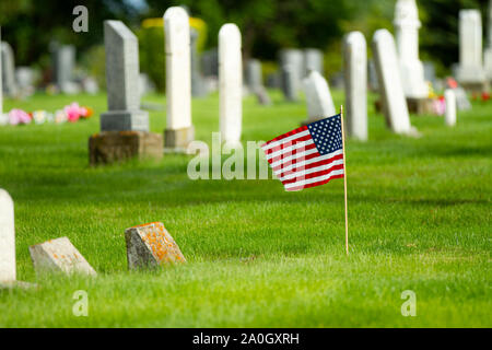 Drapeau qui agite dans le cimetière pendant la journée du souvenir Banque D'Images