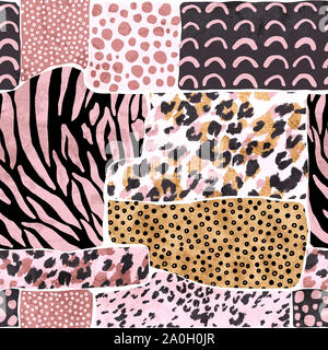 La peau animale modèle homogène. Arrière-plan géométrique avec Leopard fourrure tachetée imitation, zebra stripes, creative chat sauvage en rosettes d'or aluminium d'airain Banque D'Images