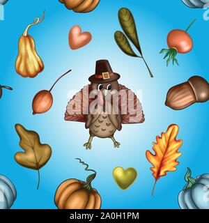 Illustration Vecteur de grâce sans couture d'automne avec la Turquie, les citrouilles, les feuilles de chêne et de glands Illustration de Vecteur