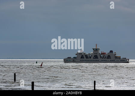 Le Relais Du Lac, Norderney, Strand, Holzpfaehle, Meer, Himmel, Regenwolken, Goldenen sonne, Faehre Banque D'Images