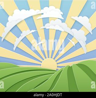 Domaine Collines Lever du soleil Ciel Style Papier Illustration de Vecteur
