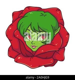 Portrait of cute green Hair girl avec elf oreilles et yeux rouges en rouge rose. Tête féminine encadrée par un rosebud. Peut être utilisé pour imprimer sur des vêtements, tatouage, st Illustration de Vecteur