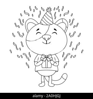 Carte de souhaits d'anniversaire avec un chat. Cute kitty cat vector illustration. Félicitations à l'anniversaire. Un chat dans un chapeau de fête avec des présents. Whi et noir Illustration de Vecteur