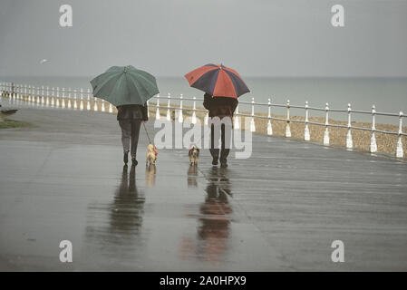 Les promeneurs de chiens sous la pluie. Promenade de Bexhill, East Sussex, England, UK Banque D'Images