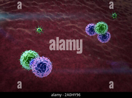 Macrophage tue l'virus, des macrophages en rendu 3D et de virus, à l'intérieur de corps humain, arrière-plan vidéo médicale, les virus dans le corps humain Banque D'Images