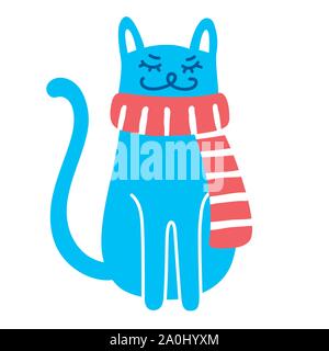 Happy blue cat dans un foulard rayé rouge sur fond blanc, dessin vectoriel Illustration de Vecteur