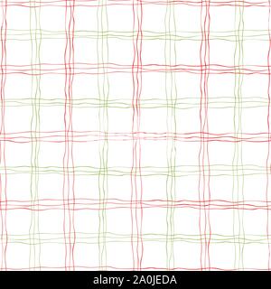 Effet tissage brins de rouge, vert et or hand drawn doodle lignes dans la conception de la grille géométrique. Modèle vectoriel continu sur fond blanc. Super pour Illustration de Vecteur