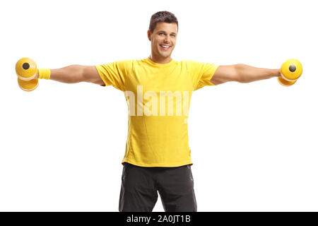 Young man exercising with dumbbells isolé sur fond blanc Banque D'Images