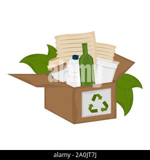 Boîte de recyclage de bouteilles, feuilles et les feuilles de papier - Vector Illustration de Vecteur