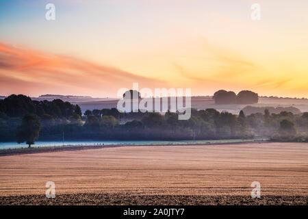 A la fin de l'été le lever du soleil sur la Marlborough Downs, près de West Kennet. Banque D'Images