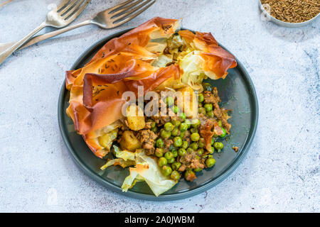 Samosa d'agneau - plat indien populaire avec un remplissage savoureux Banque D'Images