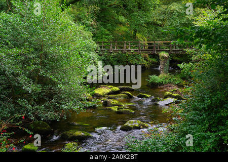 Passerelle sur la rivière East Lyn à Rockford, Exmoor Banque D'Images