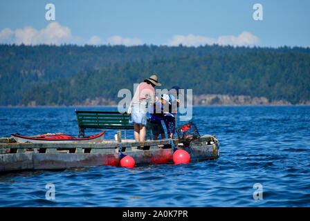 Les gens pour la pêche du crabe commun rouge à partir de la fin d'un dockon l'île de Vancouver en Colombie-Britannique, Canada. Banque D'Images