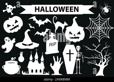 Happy Halloween icons set, silhouette noire style. Isolé sur fond blanc. Éléments de conception de la collection d'Halloween à la citrouille, spider, zombie, Illustration de Vecteur