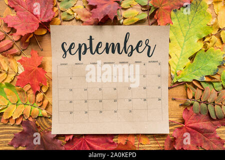 Feuille de calendrier septembre avec les feuilles d'automne de rouge, jaune et vert Banque D'Images
